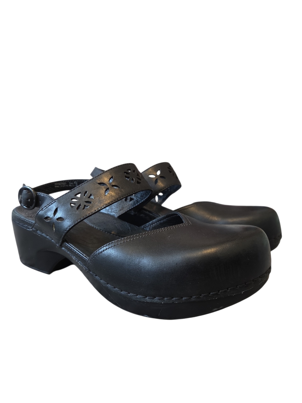 Dansko Trista Black Leather Mary Jane Clogs Shoes Floral Cutout Strap 42 11.5-12